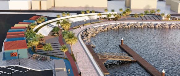 The harbour edge with waterfront units and moorings